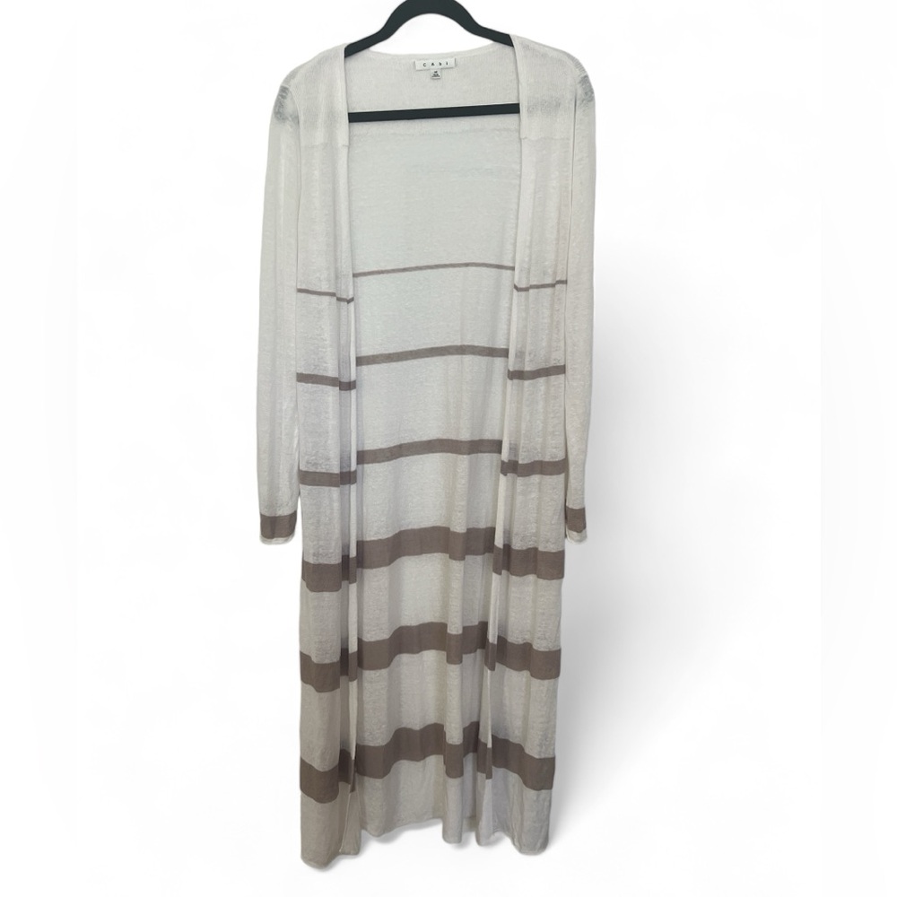 CAbi Bon Voyage Riviera Women Size‎ Medium Tan Linen Blend Long Duster Sweater